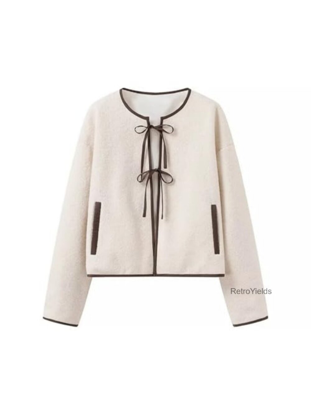 Women's Bow Tie Front Fuzzy Cardigan Long Sleeve Crewneck Teddy Jacket Outerwear